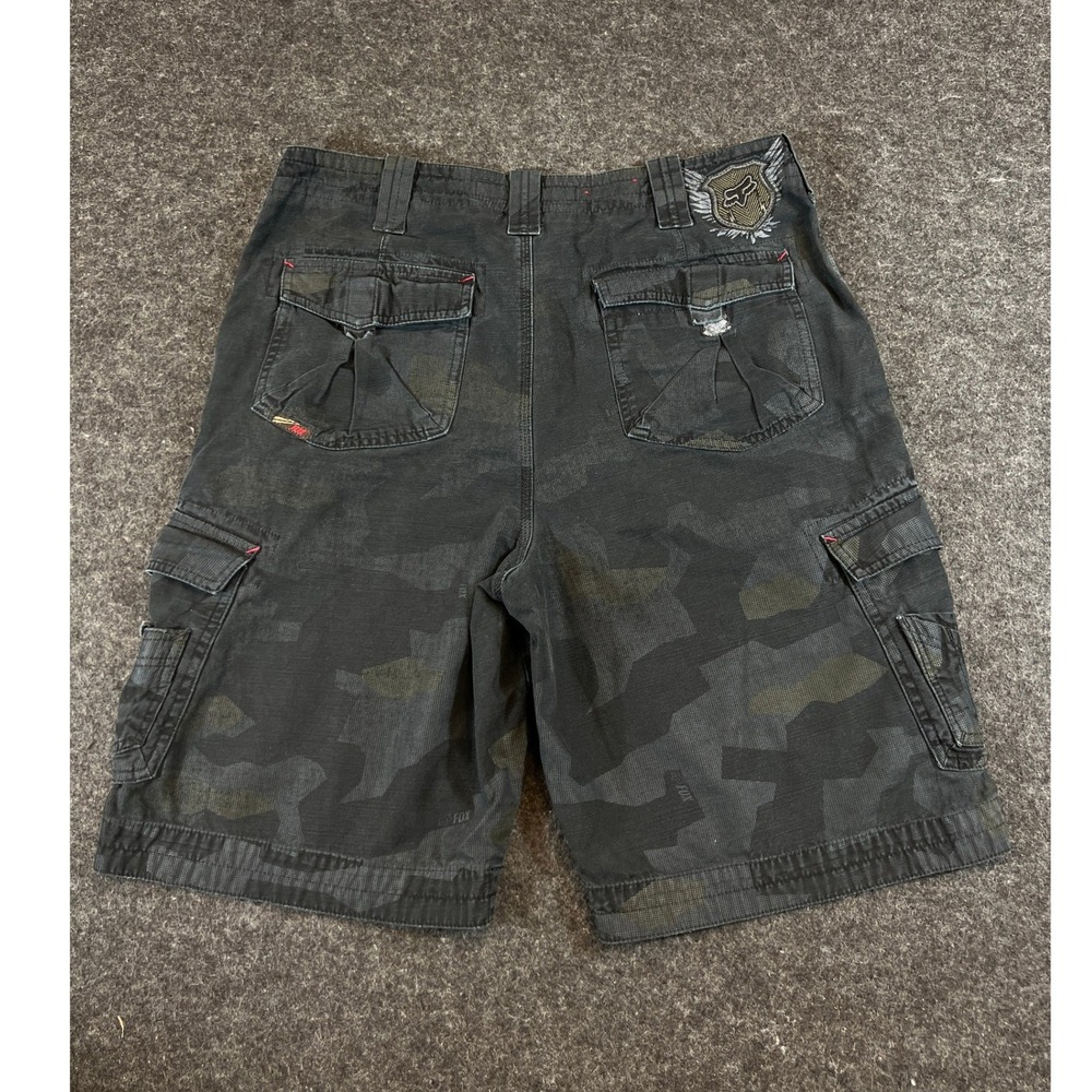 Vintage Fox Racing Y2K Camo Cargo Shorts Mens 34 Black Grey Ripstop Moto Skate
